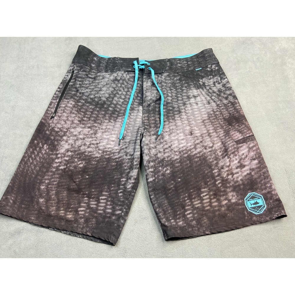 Pelagic Shorts Mens 36 Black Gray Argonaut Fish Scale Camo Board Surf Beach Swim